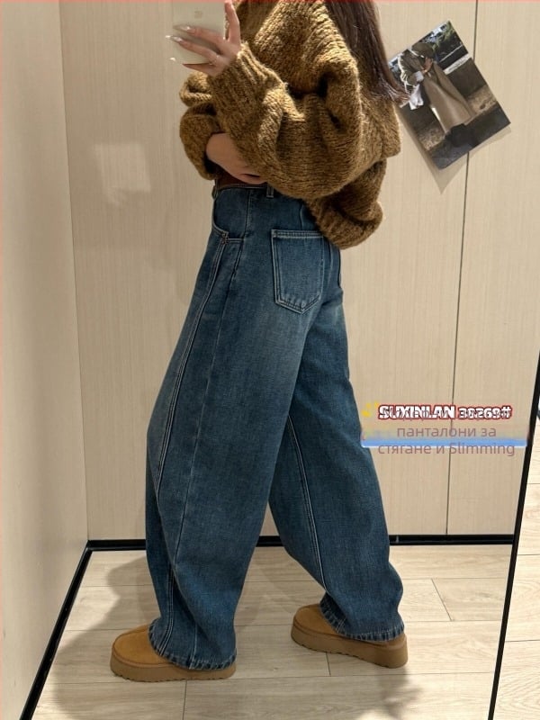 Дамски дънки с висока талия, дебел деним с велурен ефект, прав крачол, текстура с бръчки (деним памук 95%+)
