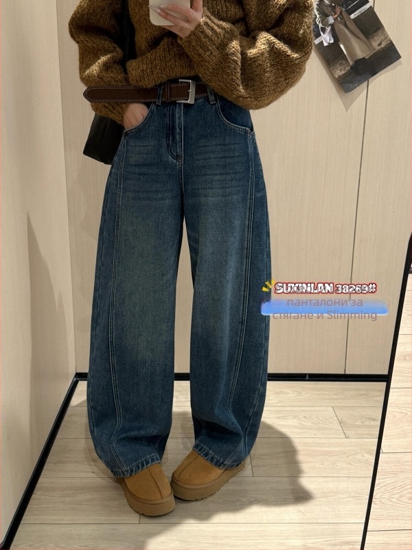 Дамски дънки с висока талия, дебел деним с велурен ефект, прав крачол, текстура с бръчки (деним памук 95%+)