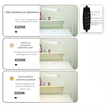 Двуглавна LED настолна лампа с защита на зрението, дълга рамена, USB захранване, 12W, CRI≥95