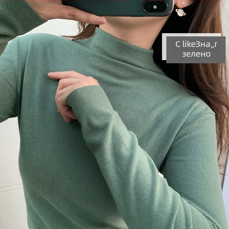 Женска тениска с дълъг ръкав от катионален велур, полиестер/спандекс смес, едноцветен модел, полу висока яка, пуловер стил