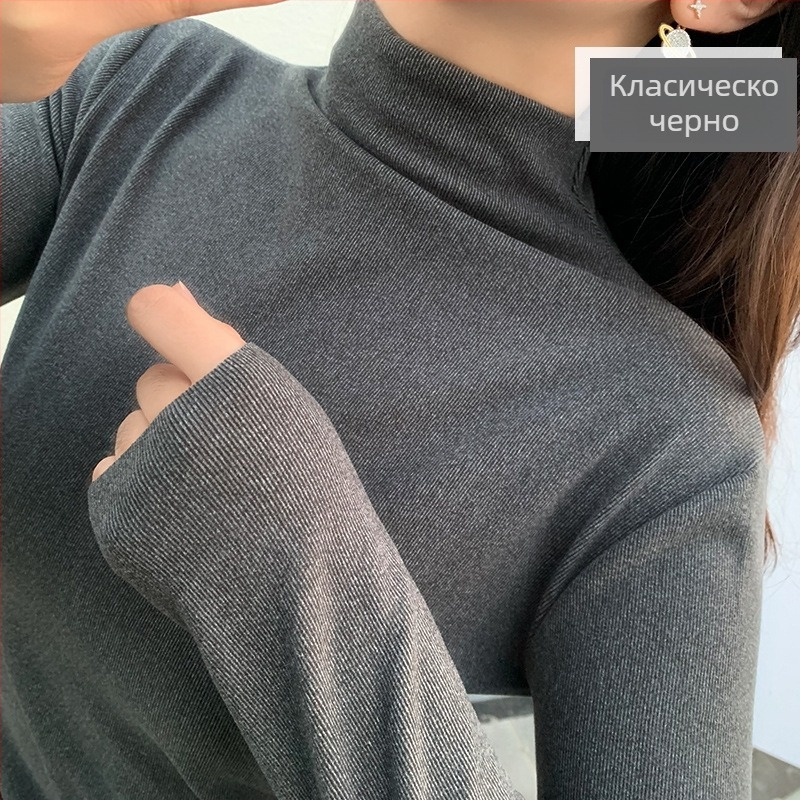 Женска тениска с дълъг ръкав от катионален велур, полиестер/спандекс смес, едноцветен модел, полу висока яка, пуловер стил