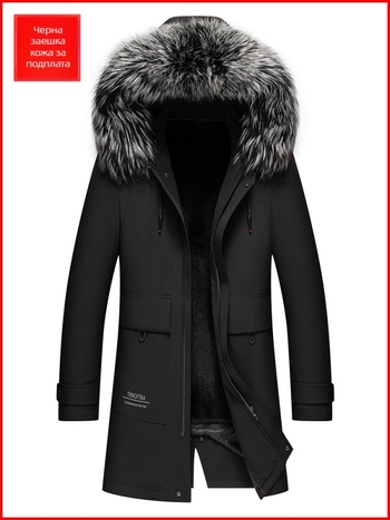 Enos Boni мъжко палто от Rex заек с качулка и голяма яка от лисичи пух, предно ципово закопчаване, средна дължина, водоустойчива подплата