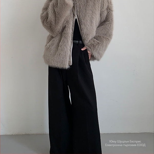 Мъжко палто от изкуствена козина, свободен силует, стояща яка, ципа