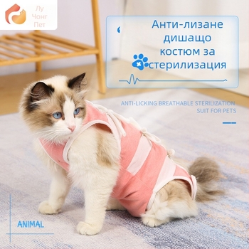 Дрешка за котки след стерилизация – дишаща памучна дрешка за домашни любимци с тройно фиксиране: еластичен пуловер, задна лента и лепенка за опашката; предотвратява инфекция, ближене и отделяне на мляко; прилепваща, предотвратяваща изпадането на козина