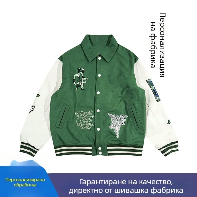 Зимно подплатено бейзболно яке с PU кожени ръкави и бродерия, уличен стил, дизайн с букви, яка с ревър, еднобортно закопчаване, подплата 100% памук
