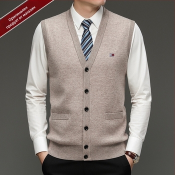 Мъжки кардиган от 100% вълна, V-образно деколте, без яка, едноредово закопчаване