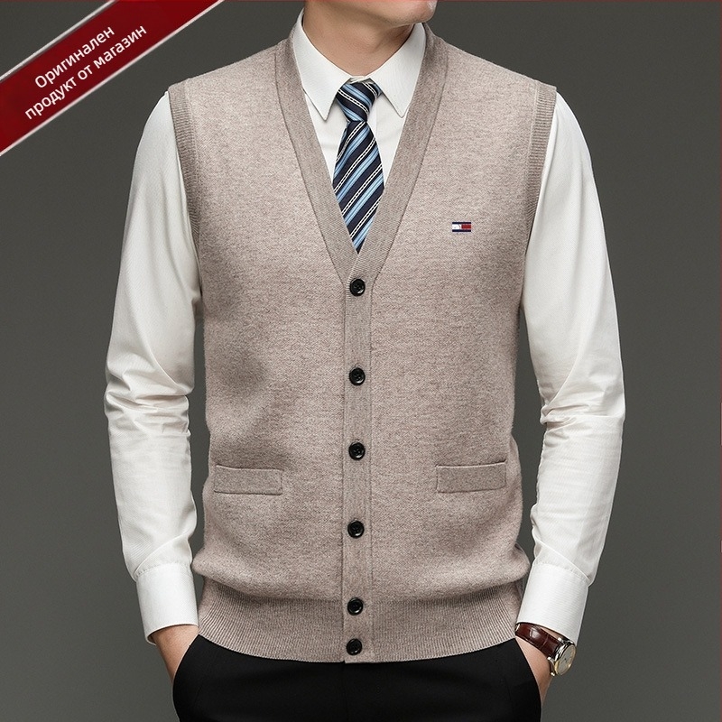 Мъжки кардиган от 100% вълна, V-образно деколте, без яка, едноредово закопчаване