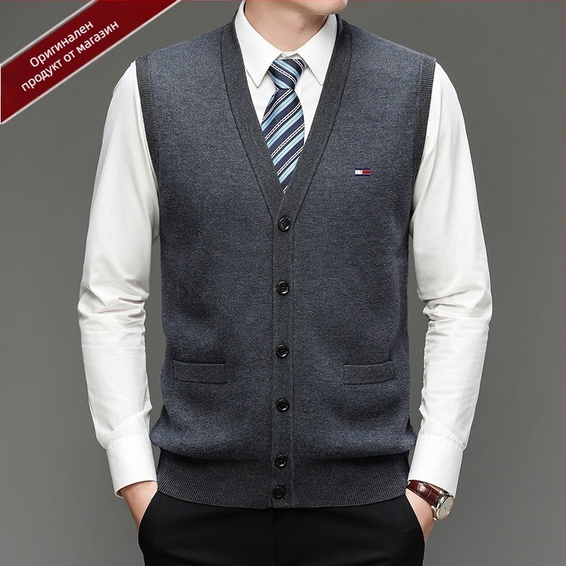 Мъжки кардиган от 100% вълна, V-образно деколте, без яка, едноредово закопчаване