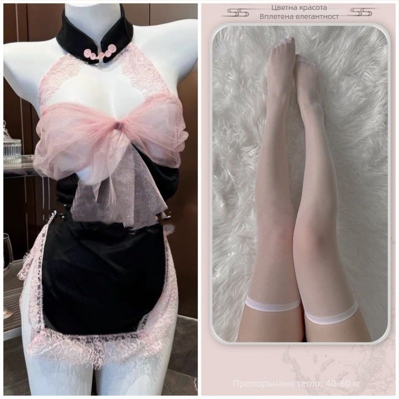 Дантелена нощница за спане с открит гръб и панделка, без ръкави, мини пола (полиестер; тънък плат; 90-95% полиестер)