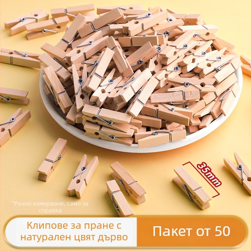 Дървени фотоклипчета, правоъгълна форма, комплект от 100 броя, с конопени етикети