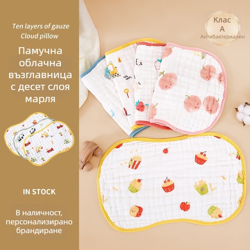 Бебешка възглавничка – чист памук, дишаща, попиваща изпотяване, карикатурен стил, подходяща за новородени до 12 месеца