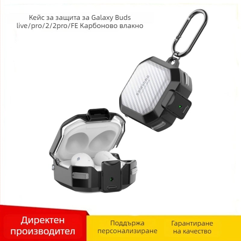 Защитен калъф за Samsung Buds Core, Buds Live, Buds Pro, Buds 2 Pro и Buds 2 — прозрачна карбонова текстура, корпус от PC/TPU, релефна повърхност, инжекционно формоване, боядисване