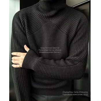 Мъжки пуловер с висока яка, тънък силует, дълги ръкави, плетена материя