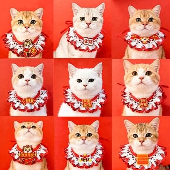 Бандана-огърлица за домашни любимци, китайски стил, кареобразен принт, полиестер, принтиран твил