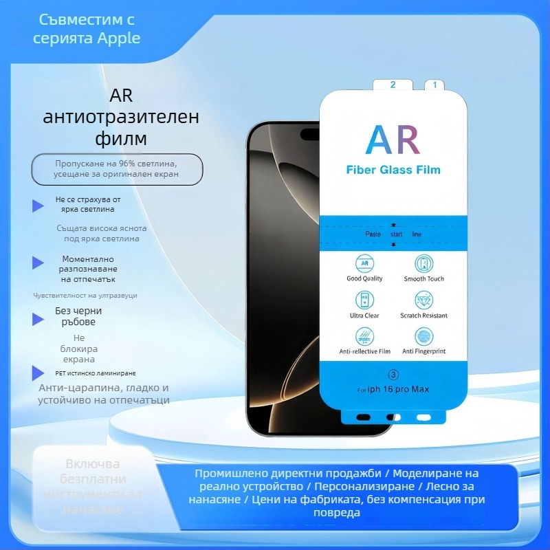 Защитно фолио за преден екран на iPhone, AR PET антиотразително, HD, прахоустойчиво, антиотпечатъци