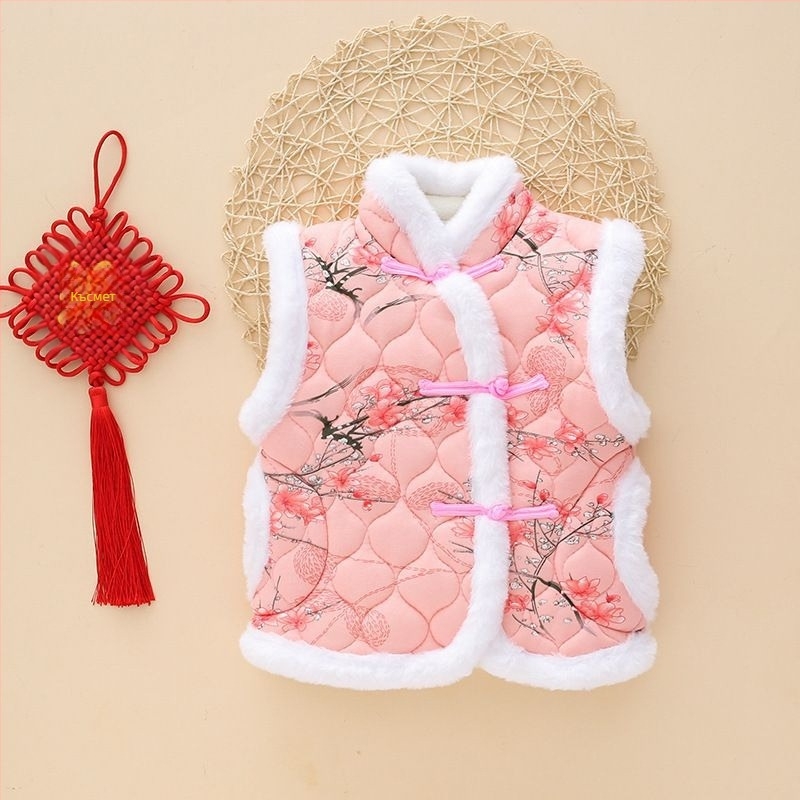 Детска жилетка с флорален етно стил, корейски модел, трислойна quilted, топла, външна тъкан от заешки пух 71–80%