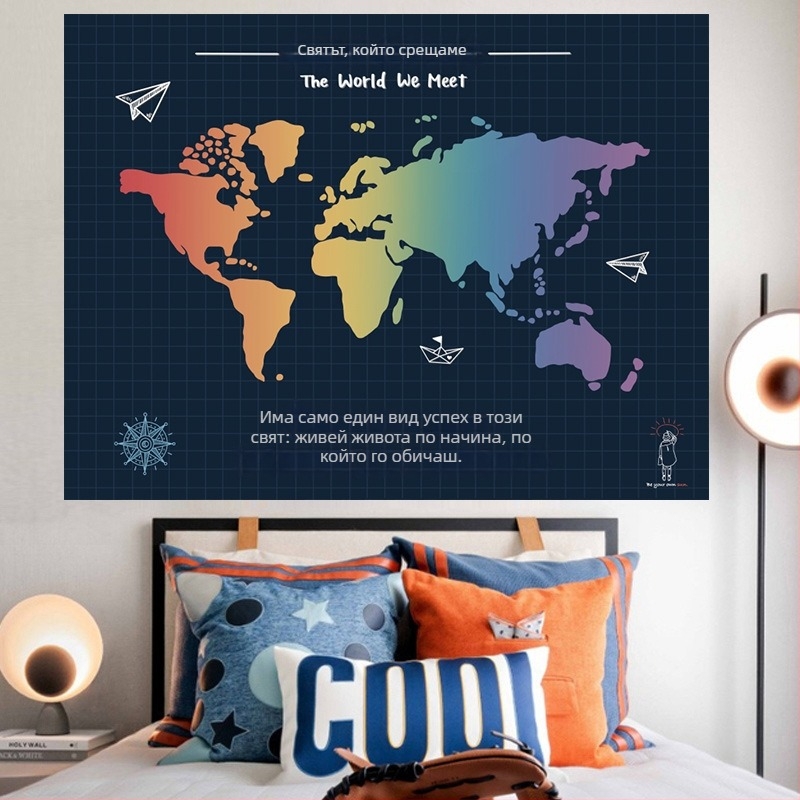 Гобелен карта на света за стена – плюш, полиестер 71–80%, правоъгълна форма, геометрична абстракция, ръчно пране