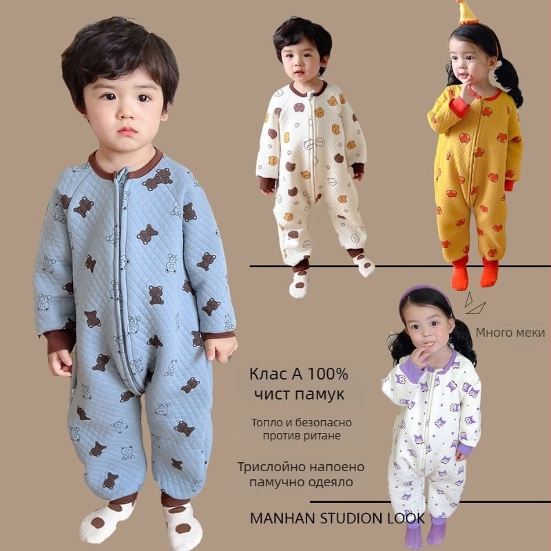 Детски памучен дебел гащеризон‑спален чувал с дълъг ръкав, корейски стил, карикатурен принт, за деца 3–8 г