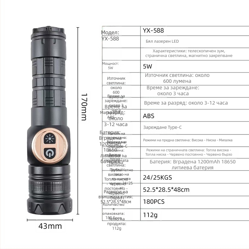 Ръчно LED фенерче, 1000 лм, лъч 120°, обхват 200–500 м, вградена 18650 батерия 1200 mAh