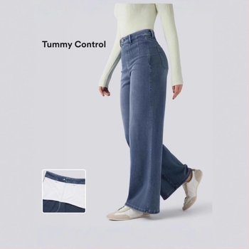 Дънкови панталони с висока талия, свободна кройка; деним памук + полиестер; стил елегантно градско облекло за работа