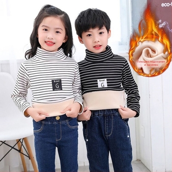 Детска блуза с райета, подплатена с полар и дебела висока яка, дълъг ръкав, за деца 3–8 г., полиестер 96%