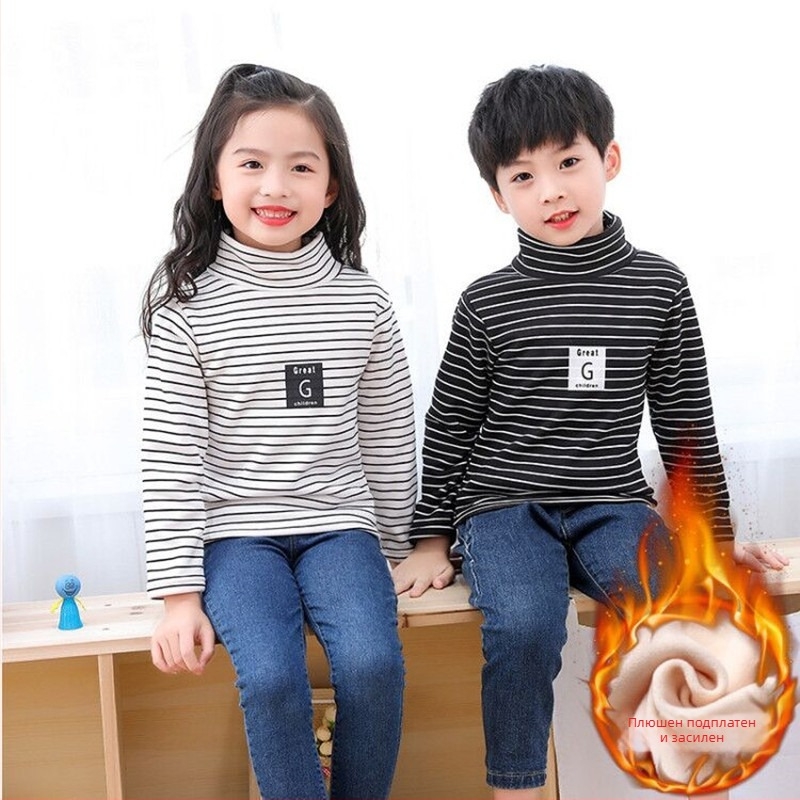 Детска блуза с райета, подплатена с полар и дебела висока яка, дълъг ръкав, за деца 3–8 г., полиестер 96%