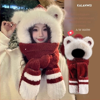 Шапка с ушички на мечка, шал и ръкавици – тричаст комплект, полиестер, унисекс, за зима/пролет/есен