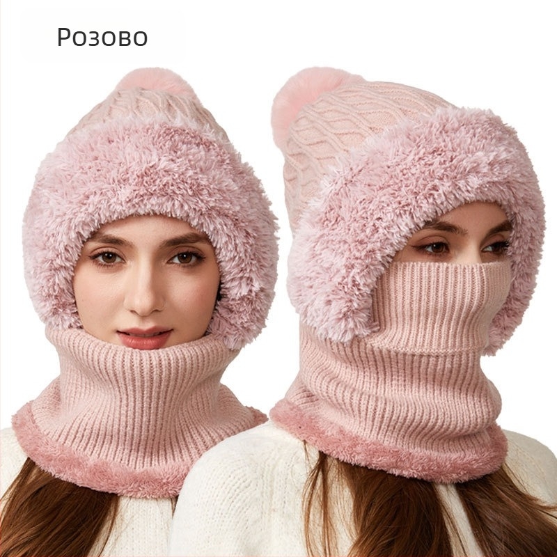 Високоеластичен плетен комплект шал и шапка (акрилно влакно; едноцветен; за възрастни жени; зима)