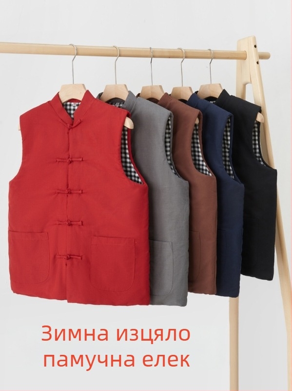 Мъжки памучен жилет в китайски стил, свободна кройка, памук за материя и подплата, джобове с триизмерни патчове, ежедневна зимна дреха, Зима 2024