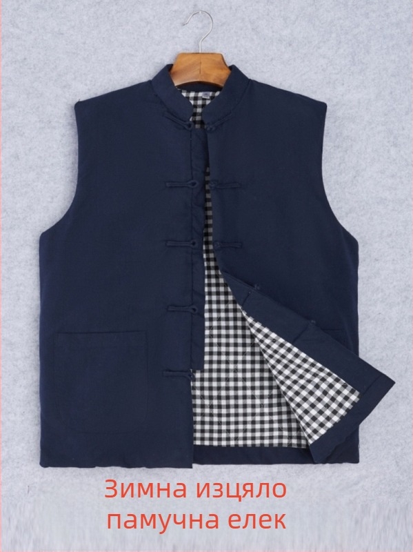 Мъжки памучен жилет в китайски стил, свободна кройка, памук за материя и подплата, джобове с триизмерни патчове, ежедневна зимна дреха, Зима 2024