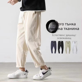 Мъжки ленени панталони, свободна кройка, тънък плат, прав крак, корейски стил
