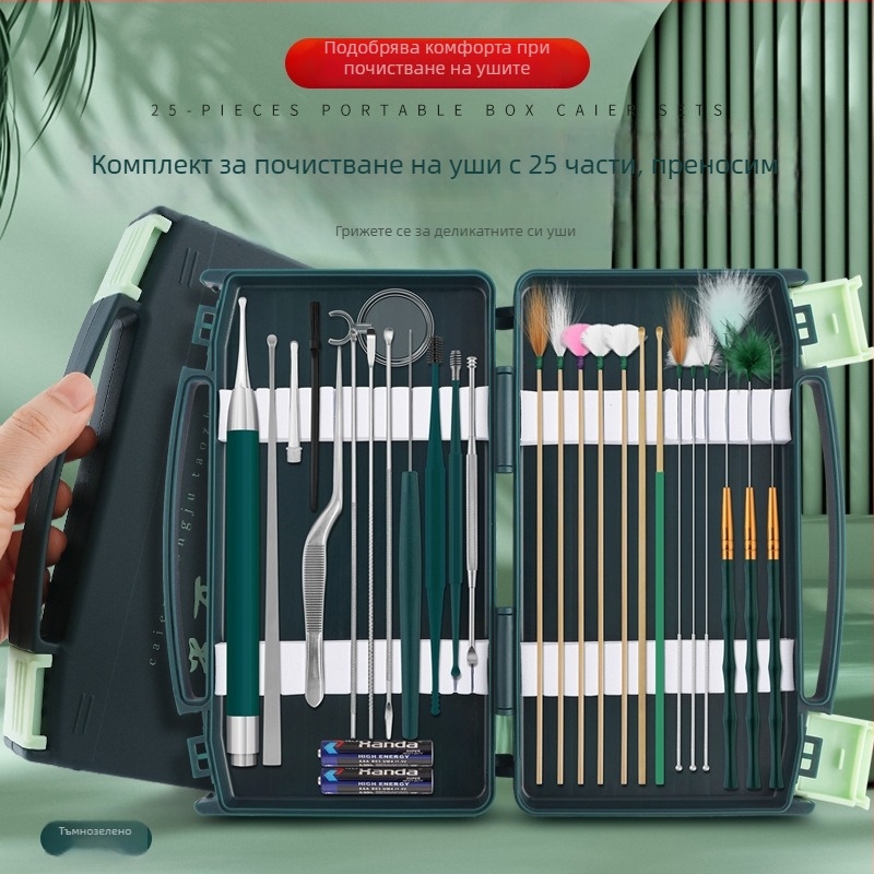 Комплект ушни лъжички за почистване на уши със светещи лъжички и увеличително; материали: неръждаема стомана, пластмаса, бамбук; 100 бр; лого отпечатано