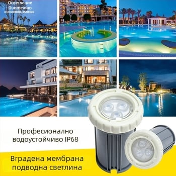 LED подводна лампа за басейн, вградена, RGB, 12V, IP68, 3 светодиода, 360 лм, 30° ъгъл на лъча