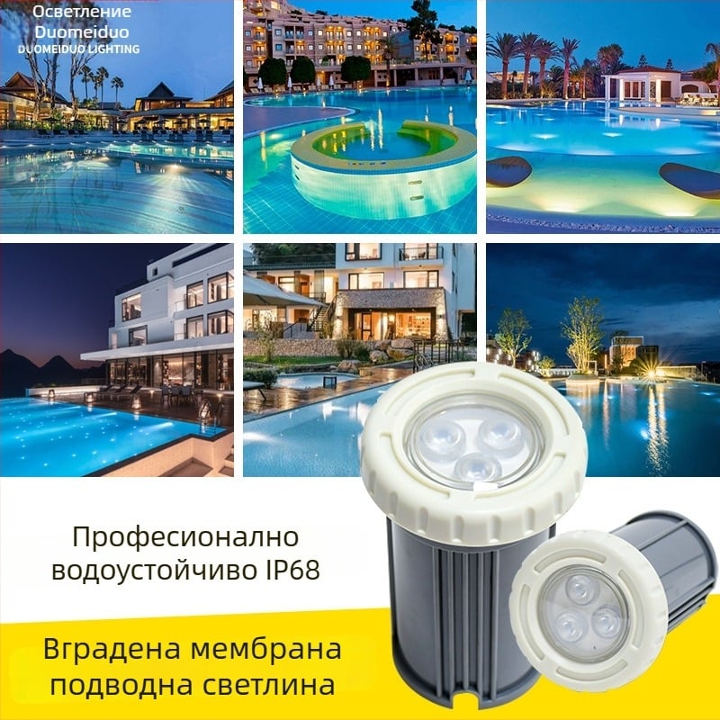 LED подводна лампа за басейн, вградена, RGB, 12V, IP68, 3 светодиода, 360 лм, 30° ъгъл на лъча