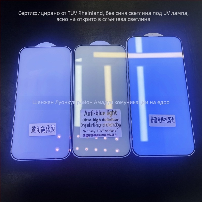 Amy Shield Предно закалено стъкло за протектор на дисплея за iPhone 12–14 серия — HD яснота, защита от отпечатъци и синя светлина