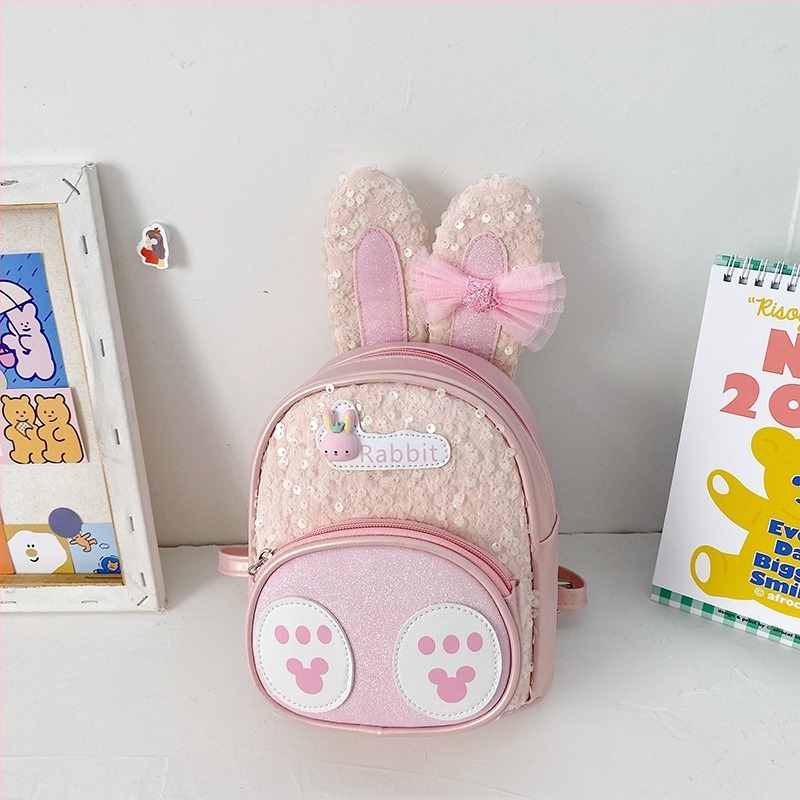 Детска раница за момичета от PU кожа, панделка и персонаж Little Rabbit, устойчива на износване и улеснява носенето за детска градина