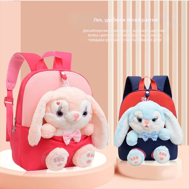 Детска плюшена раница с животински принт и висулка‑кукла, ултралека, извити презрамки, подплата полиестер