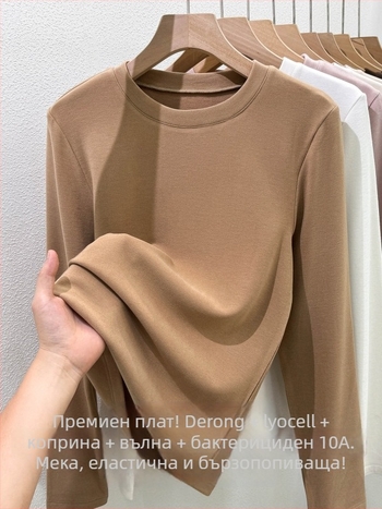 Тениска с дълги ръкави от акрилно влакно, кръгла яка, свободна кройка, елегантен делови стил, зима 2025