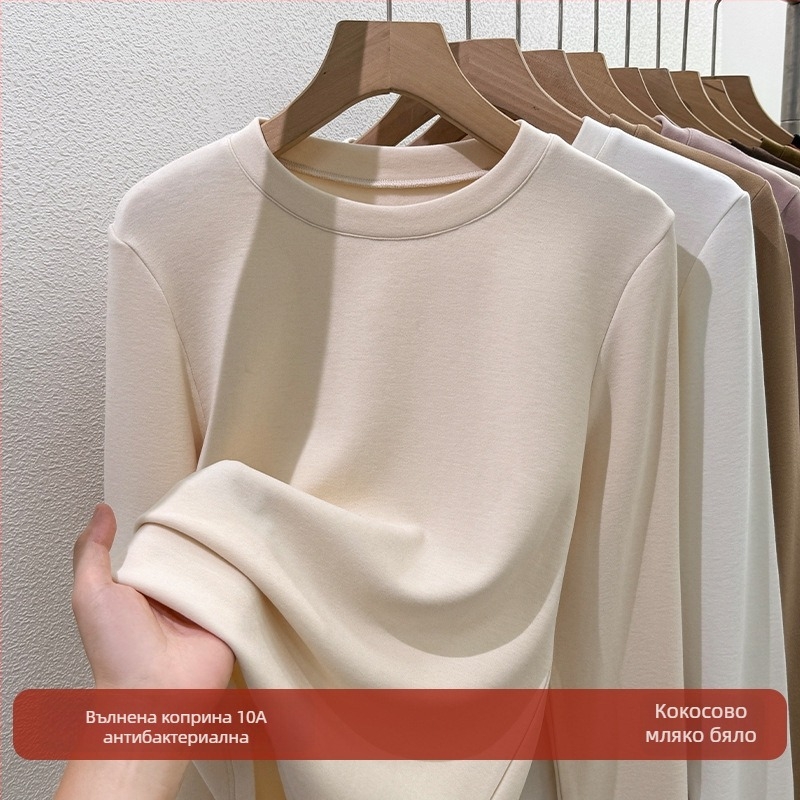 Тениска с дълги ръкави от акрилно влакно, кръгла яка, свободна кройка, елегантен делови стил, зима 2025