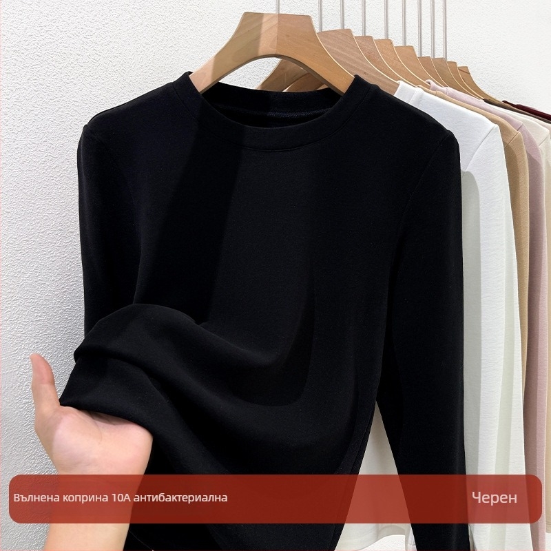 Тениска с дълги ръкави от акрилно влакно, кръгла яка, свободна кройка, елегантен делови стил, зима 2025