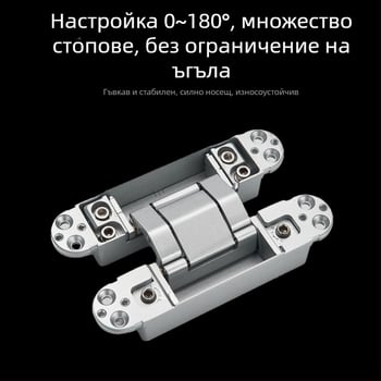 Триизмерен регулируем скрит пант за врати, самозатварящ се и безшумен, цинкова сплав, 2 мм дебелина, повърхностно покритие: електроплакиране и боядисване