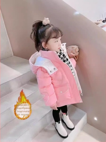 Детско зимно подплатено палто с качулка за момичета, корейски стил, 100% Vinylon плат и подплата, принт с букви