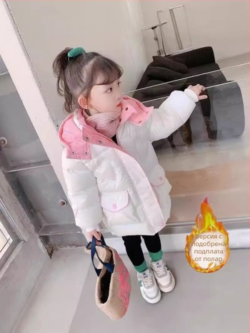 Детско зимно подплатено палто с качулка за момичета, корейски стил, 100% Vinylon плат и подплата, принт с букви