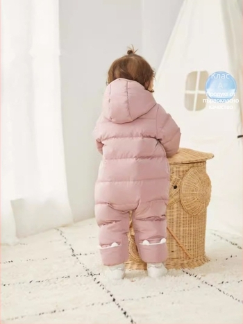 Бебешки пухен гащеризон – дебел, с качулка, свободна кройка, пълнеж: пух от гъски, за деца 1–3 години