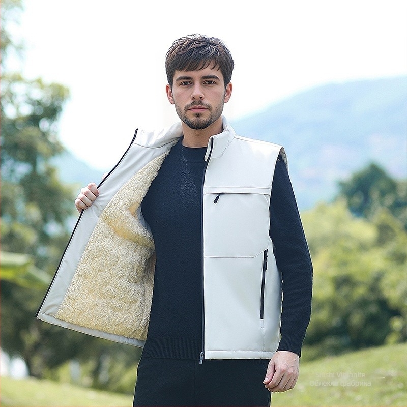 Мъжка памучно-пълнена жилетка, поларена подплата, свободен силует, полиестерна тъкан, джобове с цип