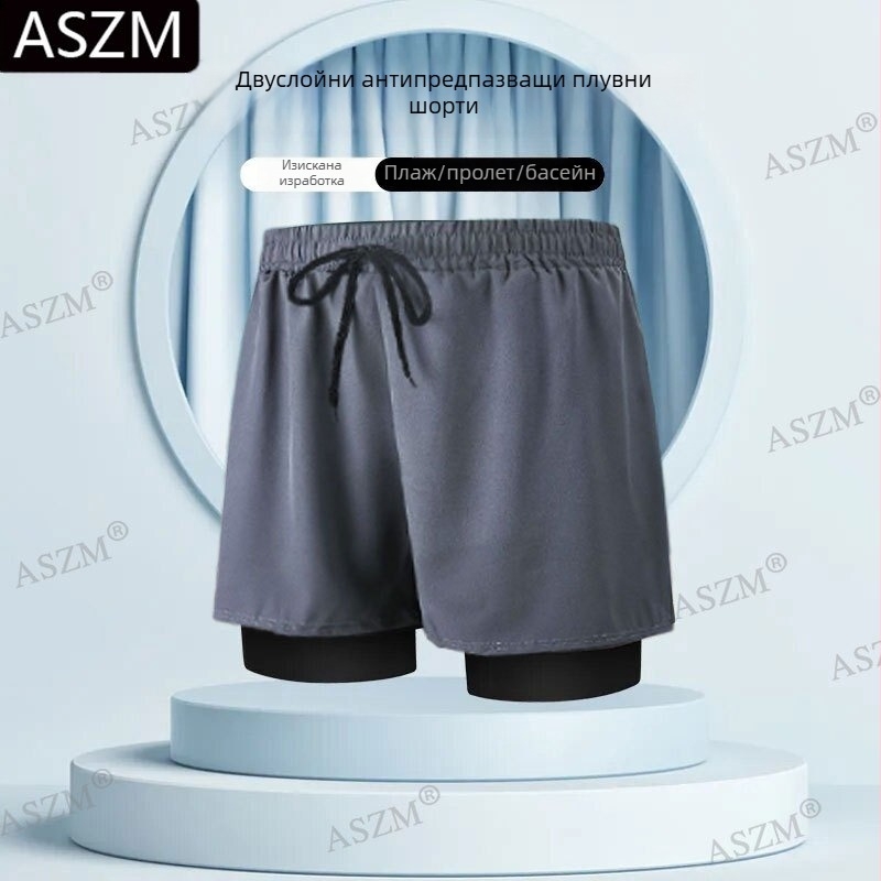 Мъжки плажни шорти за плуване с връзка – двойно подплатени, 95% полиестер, микроеластичност, предотвратява неудобни ситуации