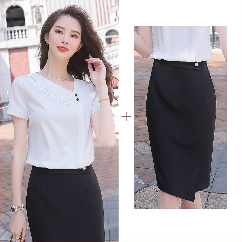 Женска риза за лято 2025: елегантна вталена блуза от полиестер със спандекс, едноцветна, къс ръкав, V-образно деколте