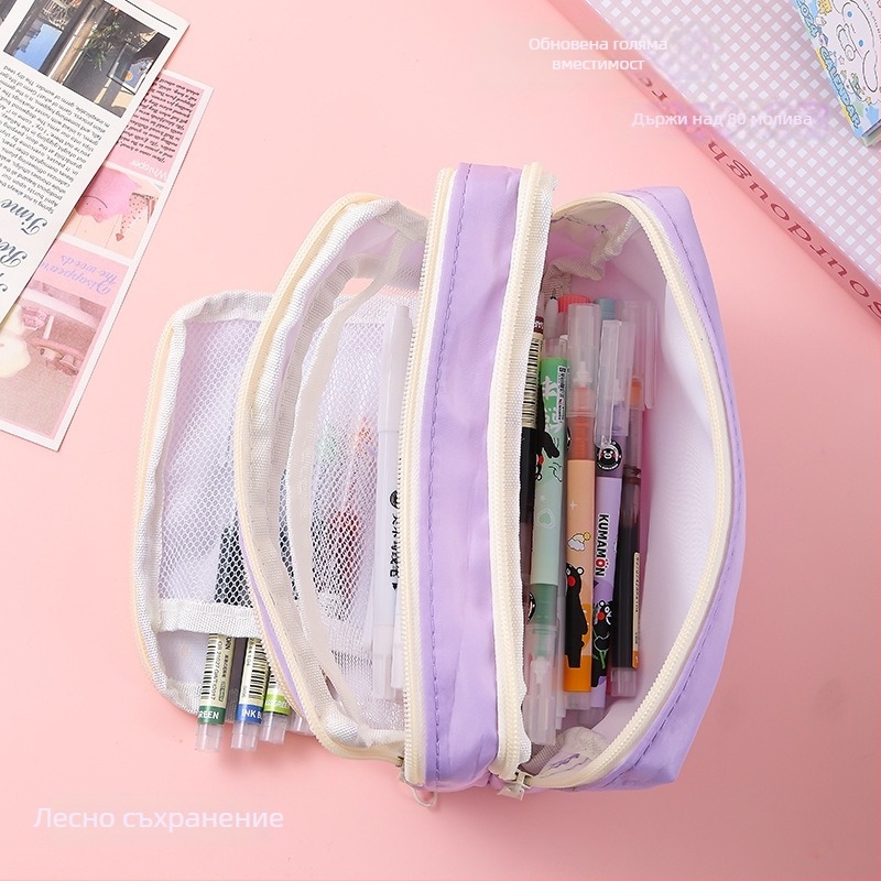 Ученически несесер за моливи с прозорец, голям капацитет, многослоен дизайн, полиестер, корейски стил