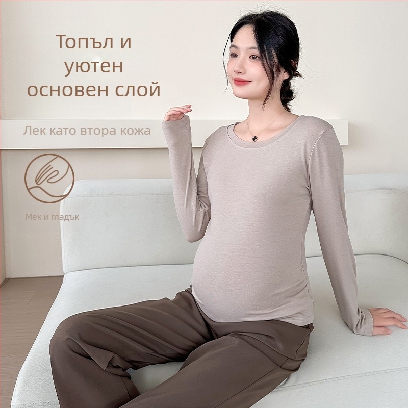 Бременна дълъг ръкав Т-шърт, памук-полиестер със спандекс, ежедневен пуловер, кръгло деколте, стандартна дължина 50–65 см