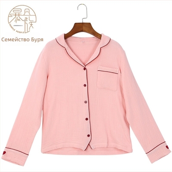 Дамски пижамe комплект в корейски стил, 100% памук, с дълги ръкави и жилетка с V-образно деколте — тъкано, средно тегло, за многосезонно носене